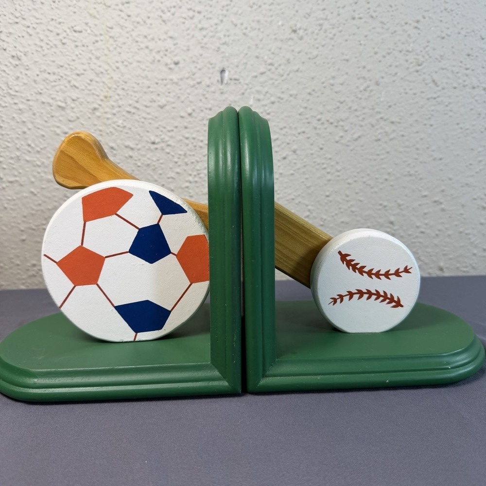 Wooden Kids Sports Baseball Soccer Bat Book Ends Sports Themed Room T-Ball